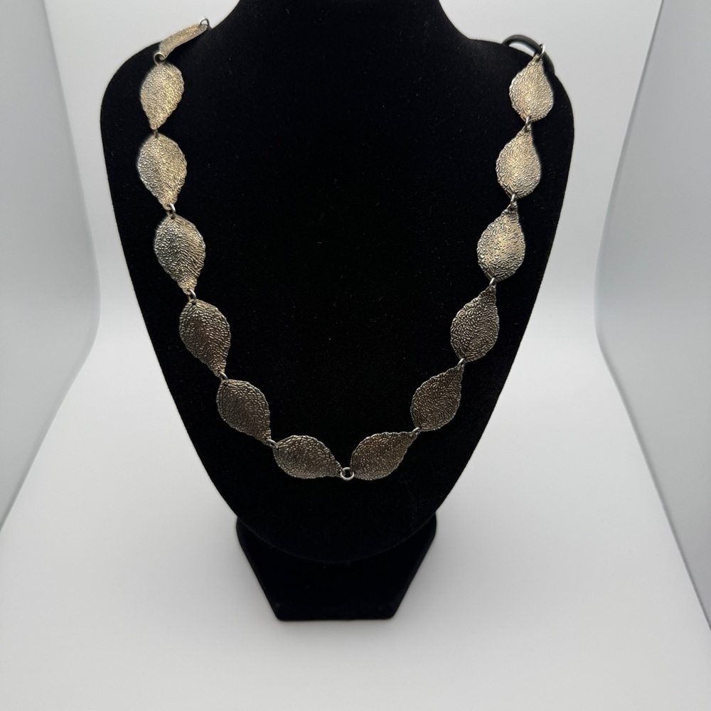 Gold-Tone Leaf Link Necklace with Black Cord - Textured Boho Statement Piece